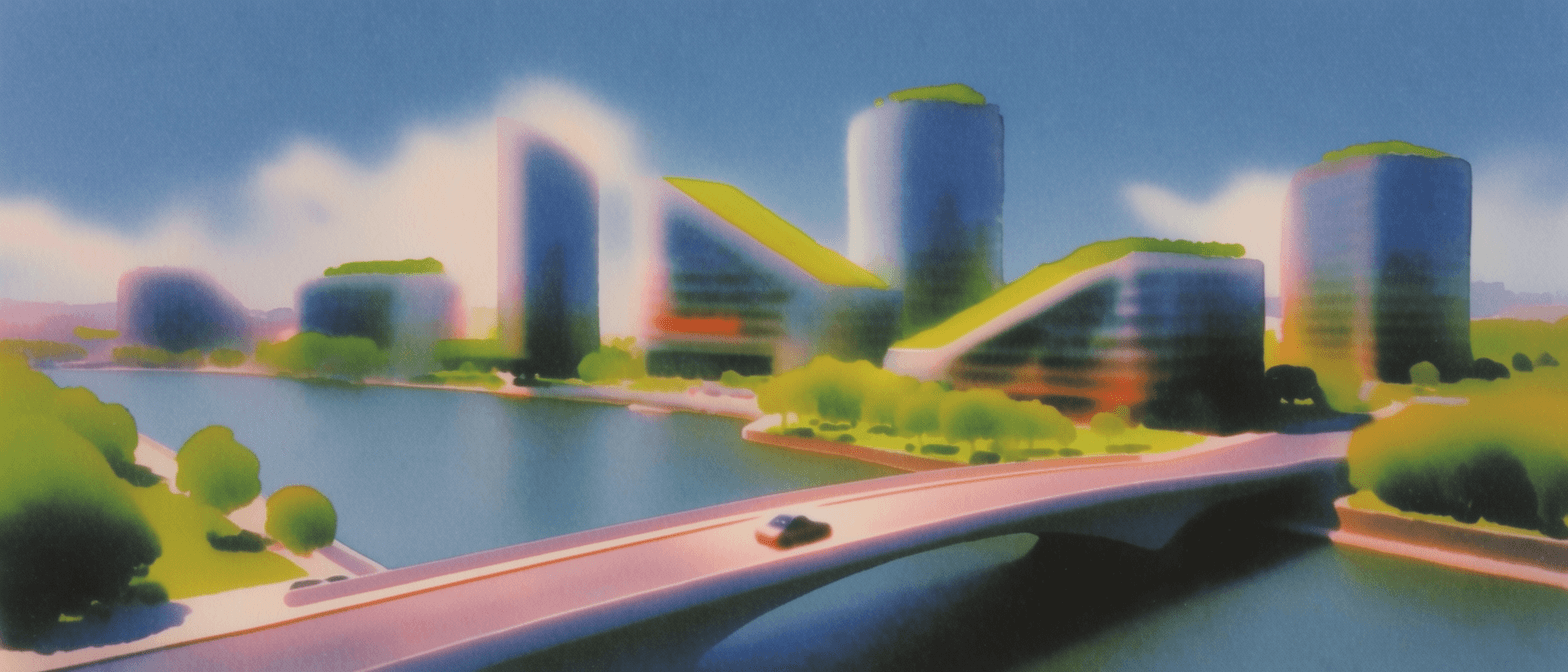 Speculative scene of a road through a future city.