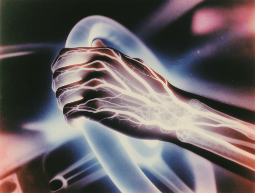 A hand gripping a steering wheel in a stylized view of the human-machine connection.
