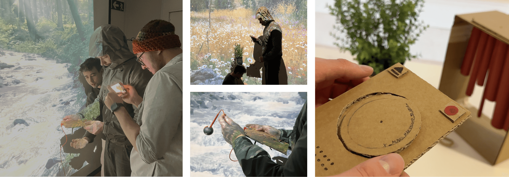 Experience-prototyping collage combining nature, memory photographs, and an early recorder mock-up.