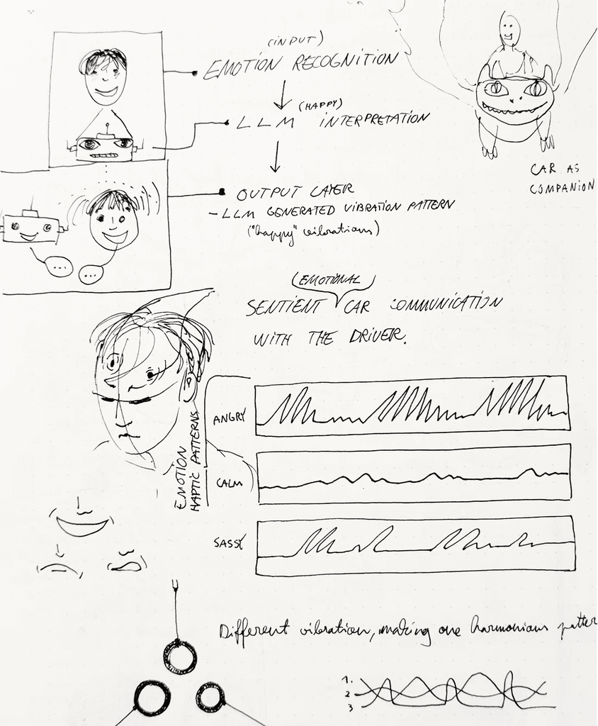 Sketches exploring head-worn haptic feedback and different vibration patterns.