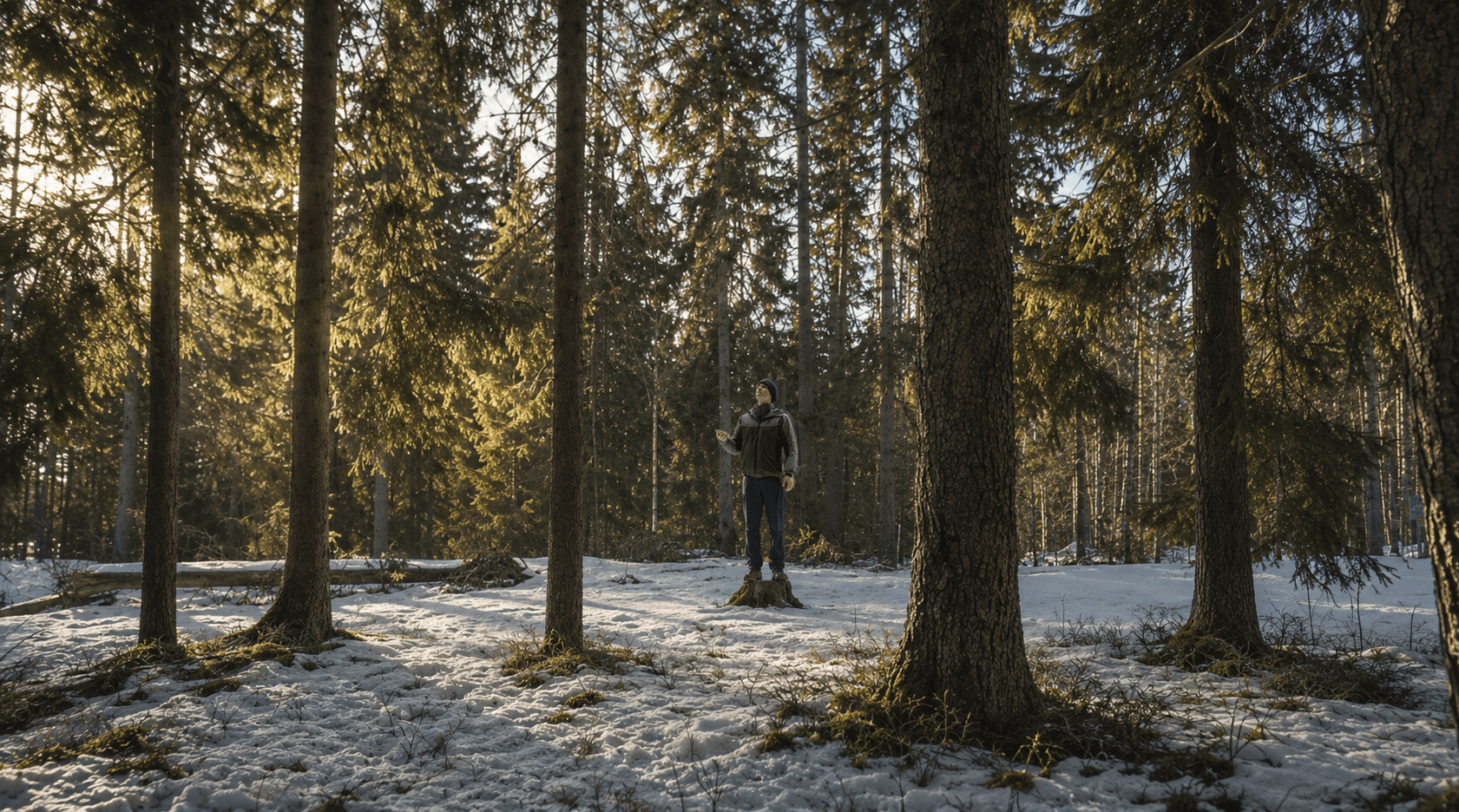 A person standing among trees in a forest.