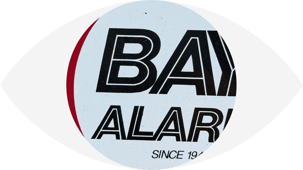 A Bay Alarm sticker cropped into an eye shape.