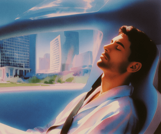 A driver reclining inside the speculative future vehicle.