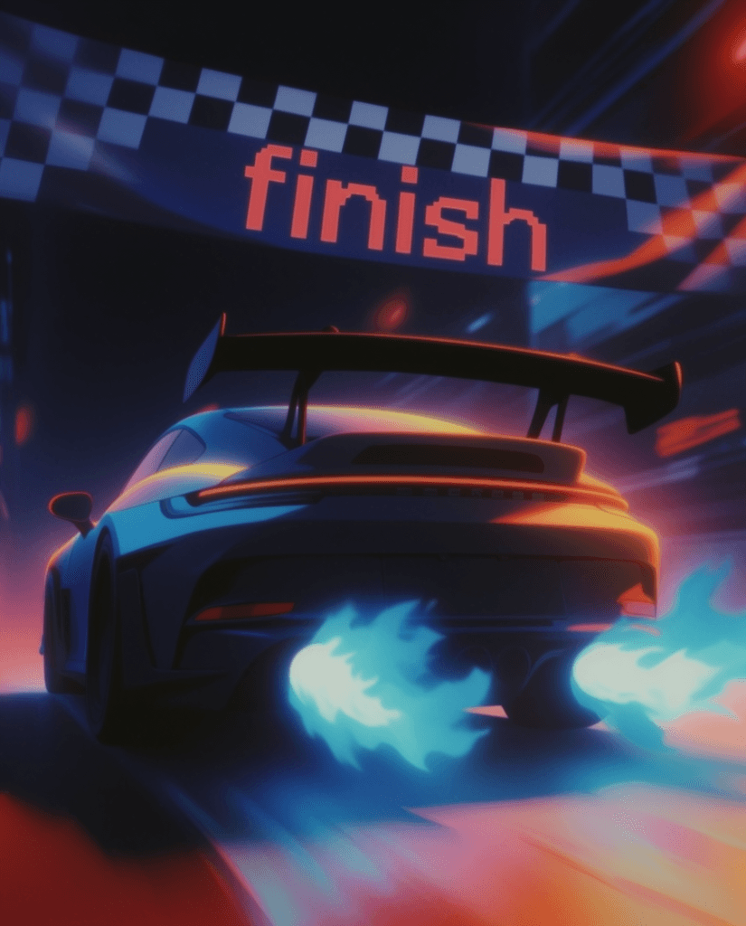 The speculative racing car crossing a finish line.