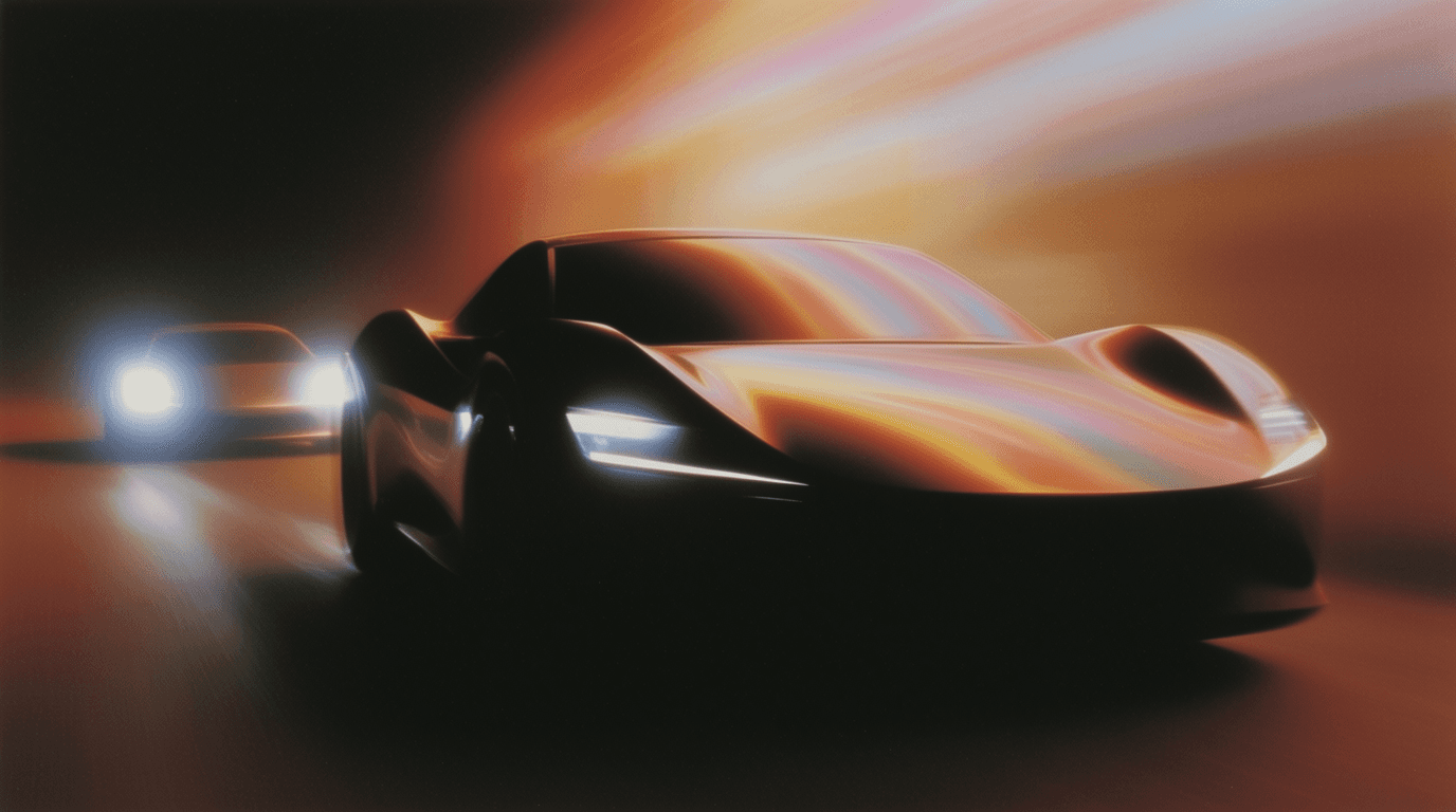 A dark sports car in motion.