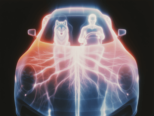 Glowing nervous-system imagery connects a car and its occupants.